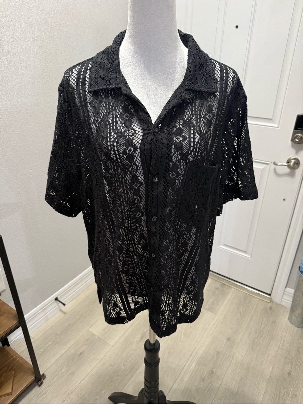 Urban Outfitters Black Lace Short-Sleeve Button-Up Shirt